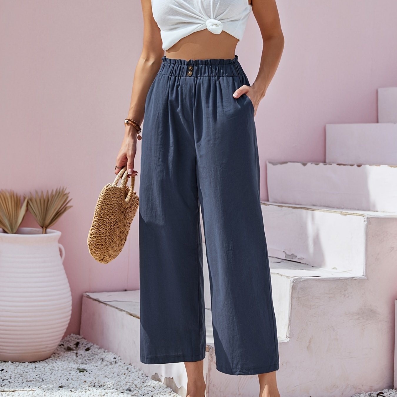 「lovevop」Button Front Wide Leg Pants, Casual Loose Pants For Spring & Summer, Women's Clothing