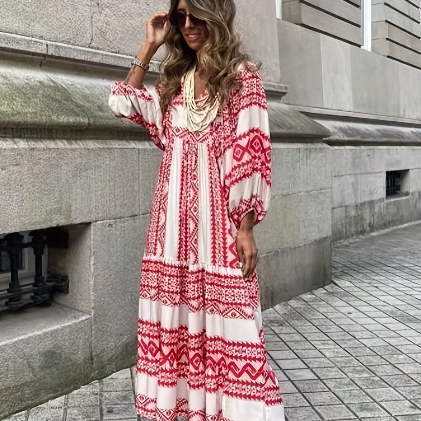 「lovevop」Full Printed Dress, Boho Puff Sleeve Maxi Loose Dress, Women's Clothing