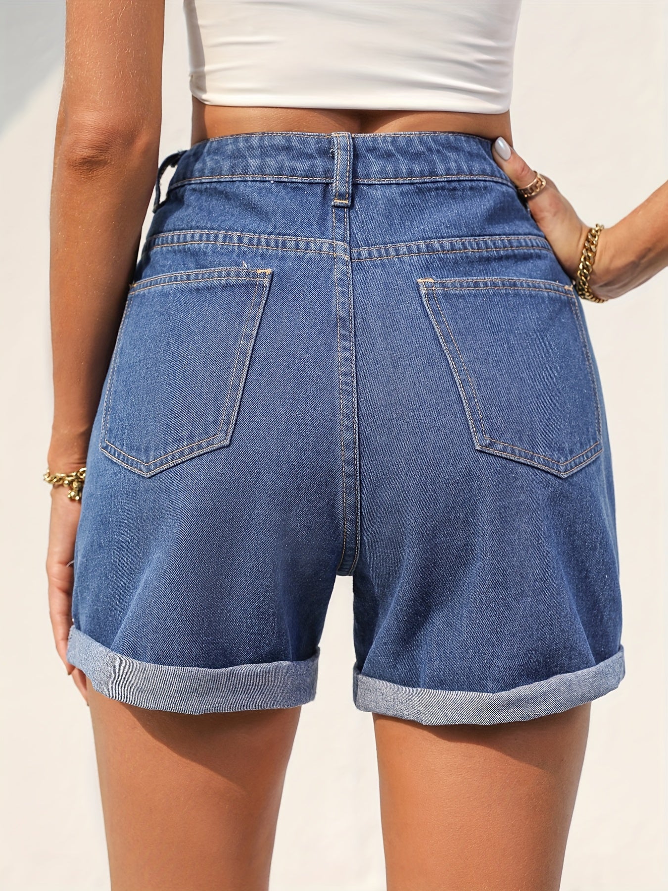 「lovevop」Blue Rolled Hem Denim Shorts, Slash Pockets Versatile Short Denim Pants, Women's Denim Jeans & Clothing