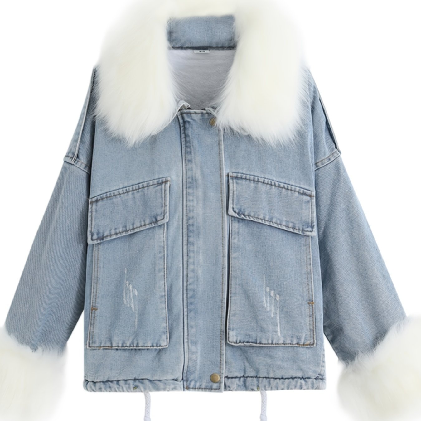 Lovevop-Fluffy Plush Collar & Cuffs Winter Warm Fur Fleece Coat, Extra Large Square Pockets Drawstring Hem Denim Jacket, Women's Denim Jackets
