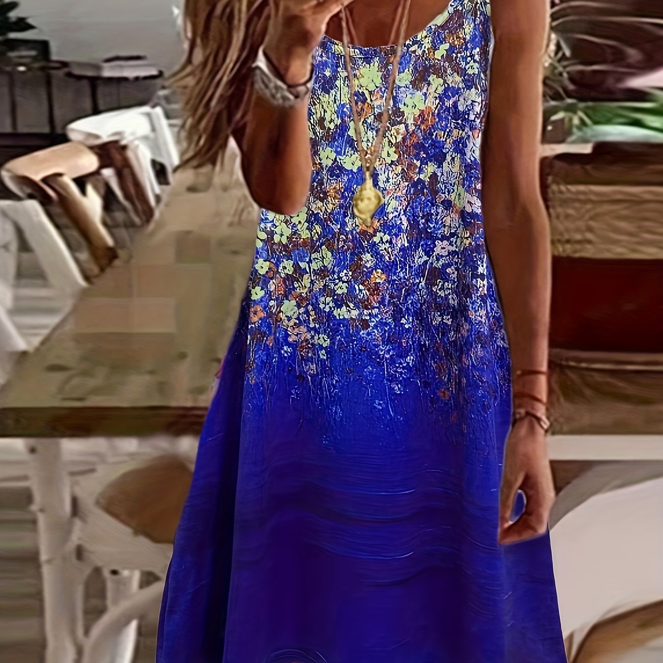 「lovevop」Floral Print Spaghetti Dress, Vacation Sleeveless Scoop Neck Summer Dress, Women's Clothing