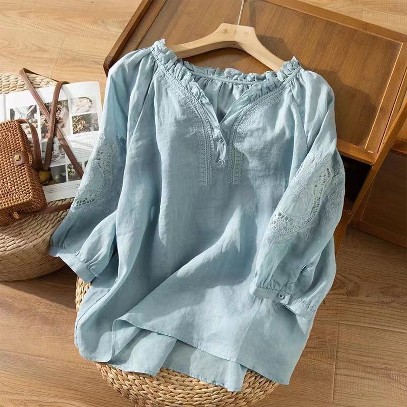 Lovevop Loose Embroidered V-Neck 3/4 Sleeve Shirt
