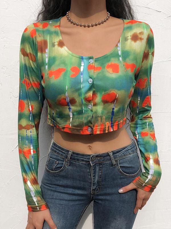 lovevop Casual Tie Dye Long Sleeve Cropped T-Shirt
