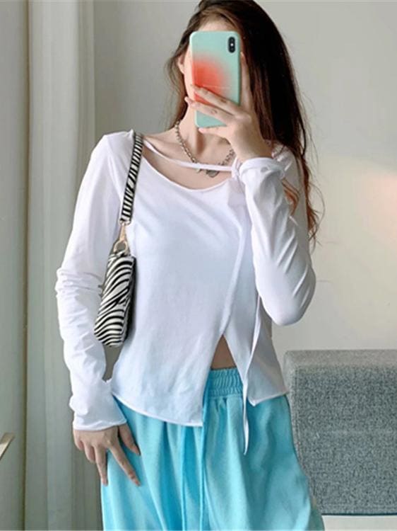 lovevop Outdoor Solid Patchwork Slit T-Shirt For Women