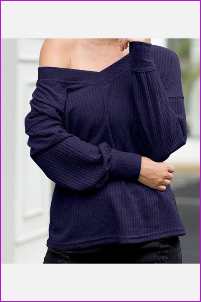 lovevop Solid Waffle V Neck Long Sleeve T-Shirts