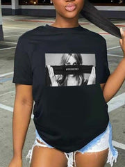 lovevop Summer Printed Loose Black T-Shirt For Women