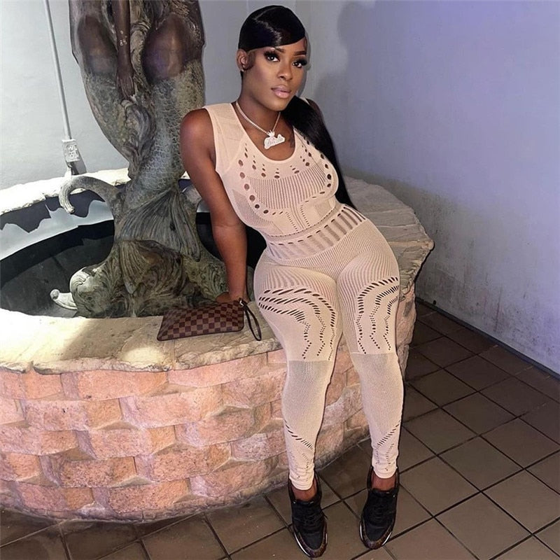 Sexy Mesh Hollow Out See Through Jumpsuits Women Transparent Long Sleeve Rompers Club Party Tights Elastic One Piece Pant