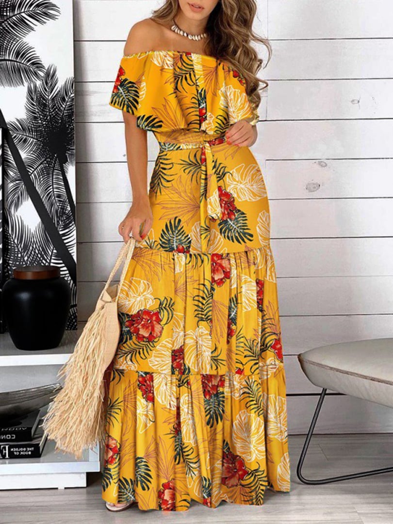 Ruffle Off Shoulder Tie Up Printed Long Dress