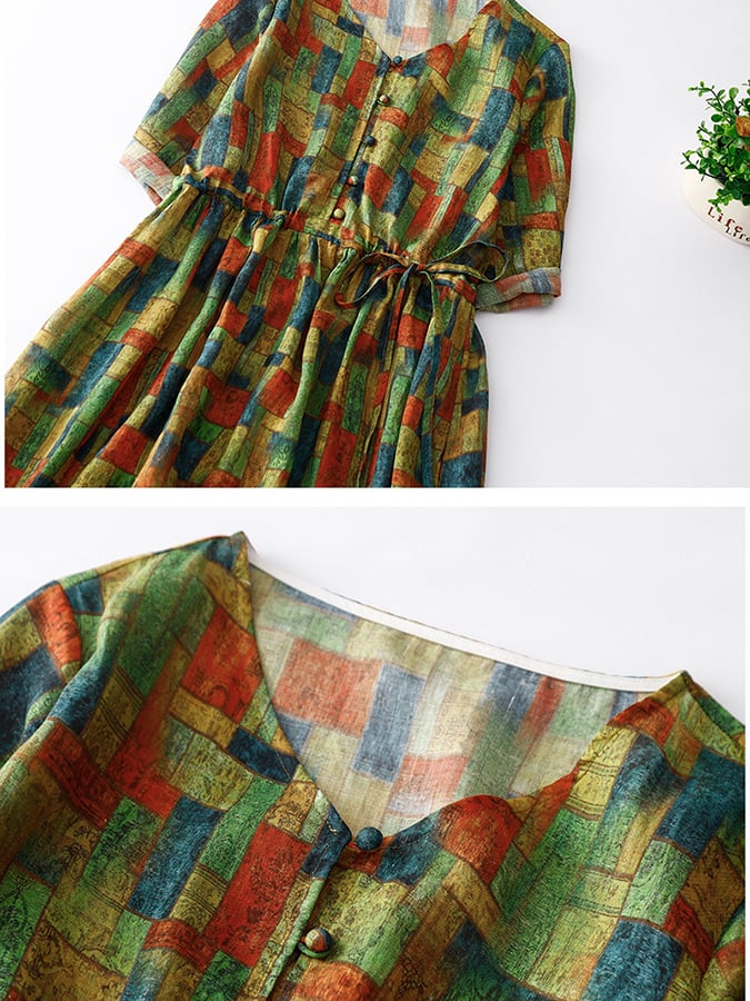 Lovevop Covering Belly Cotton And Linen Floral Lace Up Dress