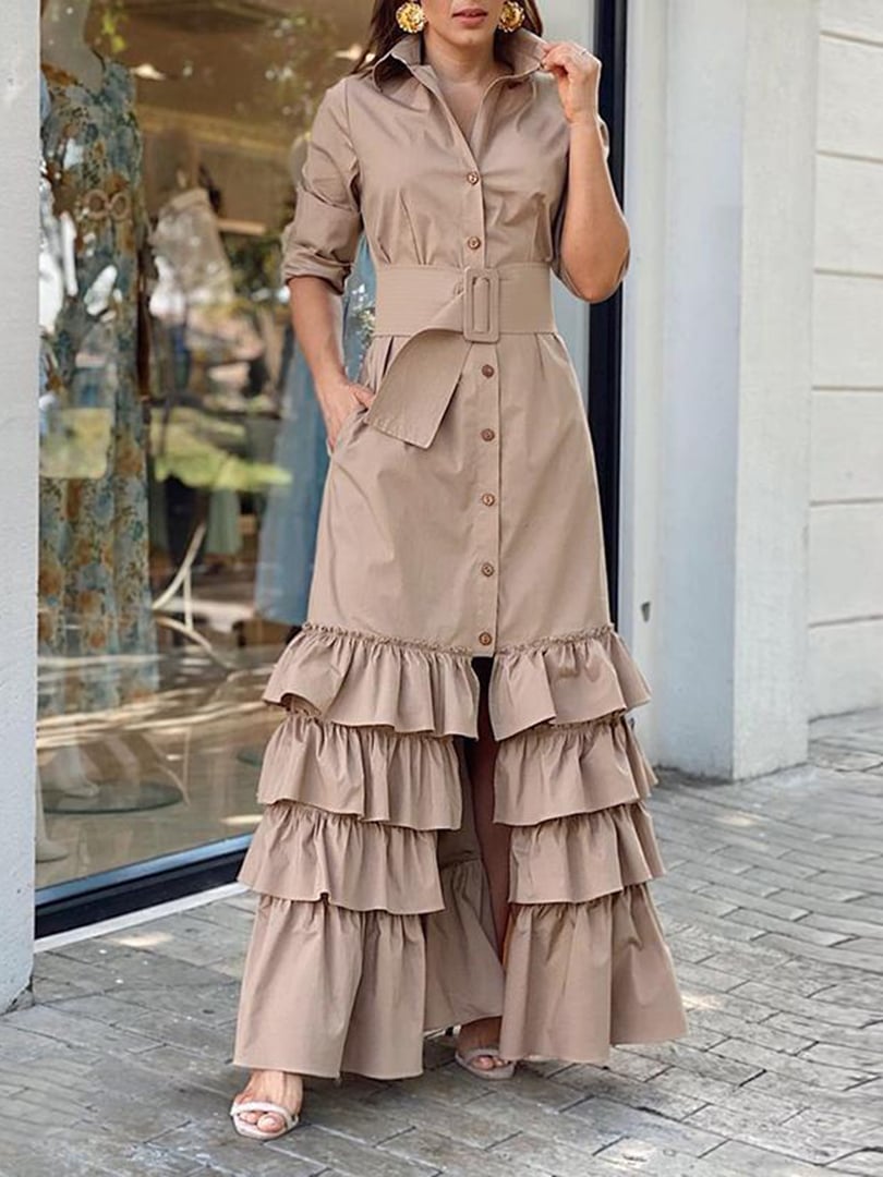 Long Solid Color Lapel Buckle Belt Dress