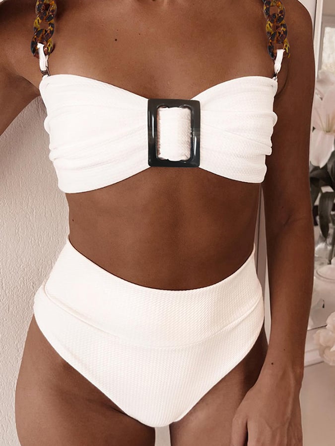 Chain And Strap High Waist Wrap Bikini Split Swimsuit