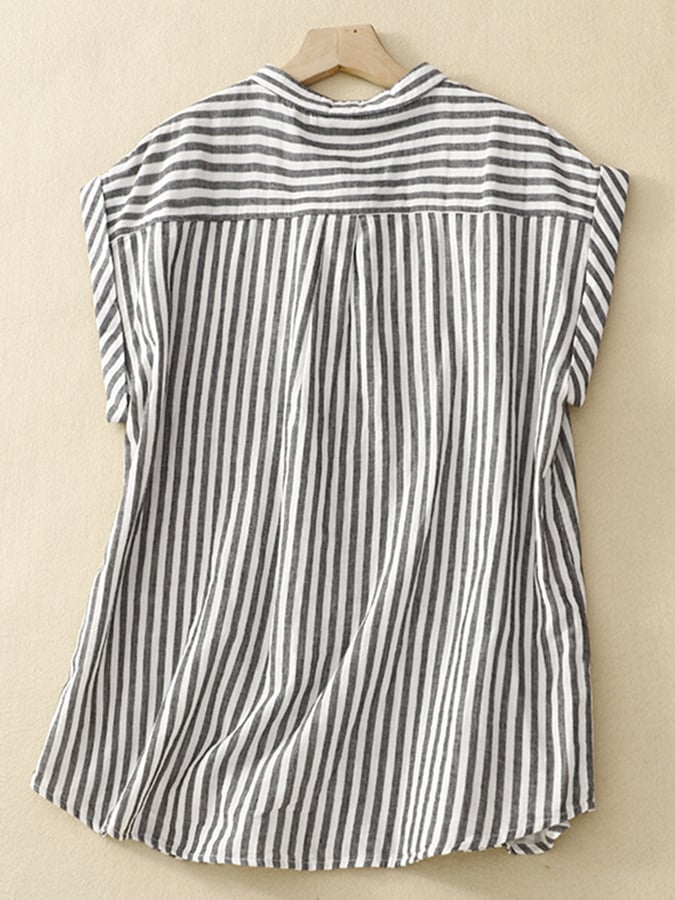 Lovevop Commuter Casual Striped Standing Collar Sleeveless Shirt