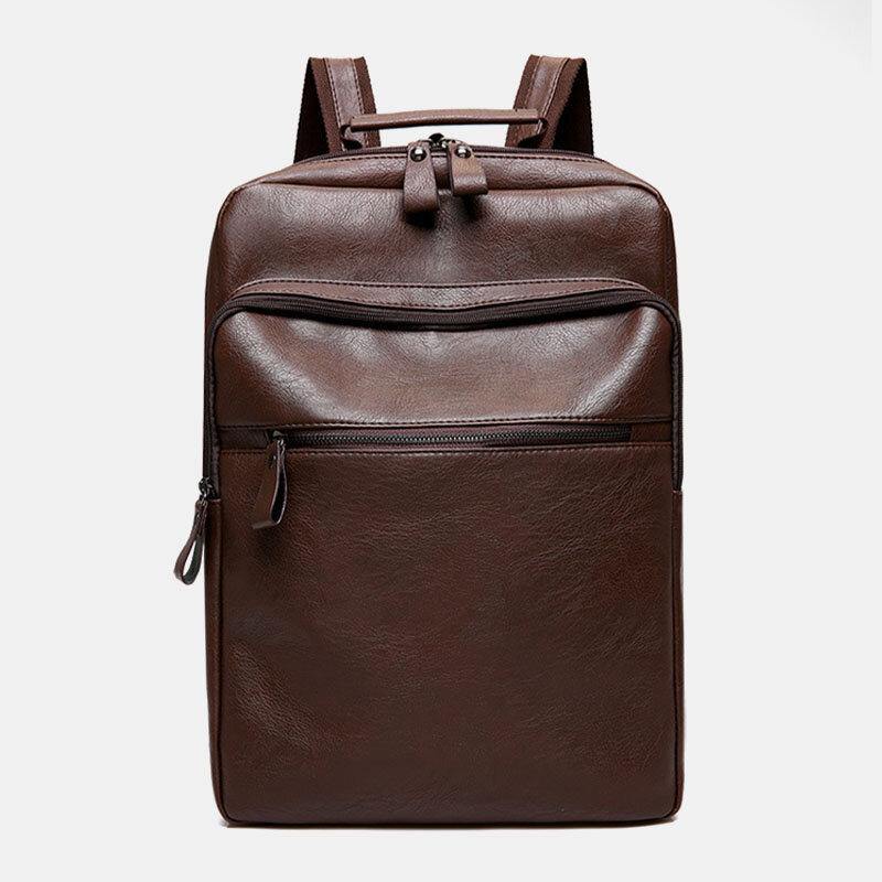 lovevop Men Faux Leather Multi-pocket Waterproof Business Outdoor Wear-resistant 14 Inch Laptop Bag Backpack