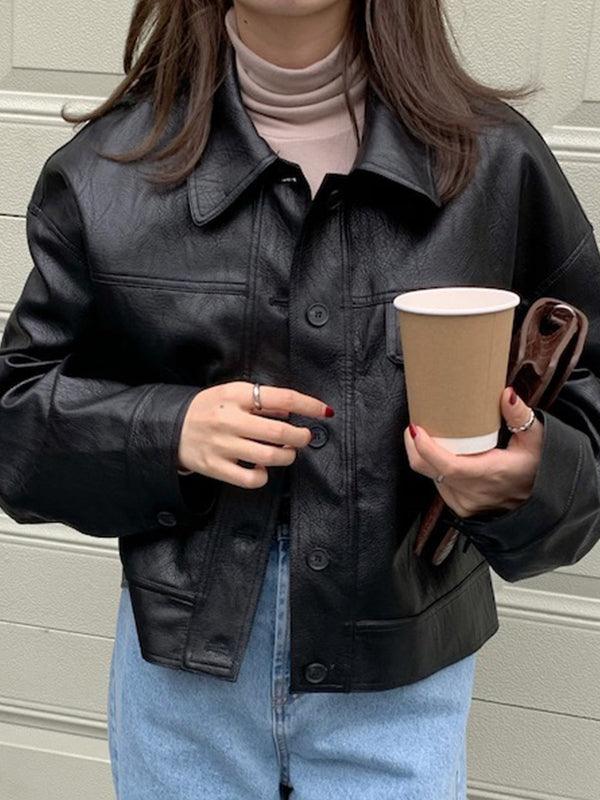 lovevop Casual Lapel Single Breasted Biker Leather Short Jacket