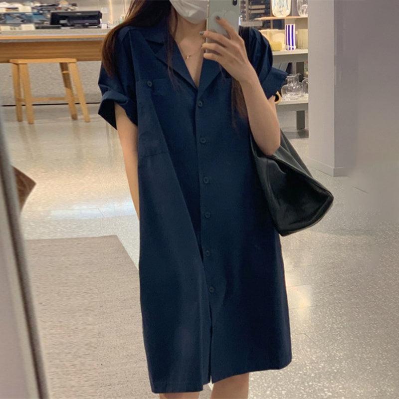 lovevop Simple Lapel Single Breasted Shirt Dress
