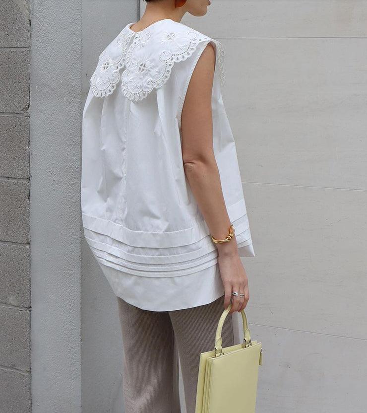 lovevop Embroidered Hollow Lace Large Lapel Cotton Sleeveless Shirt