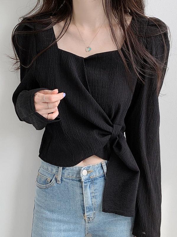 lovevop Square Neck Strappy Loose Long Sleeve Shirt