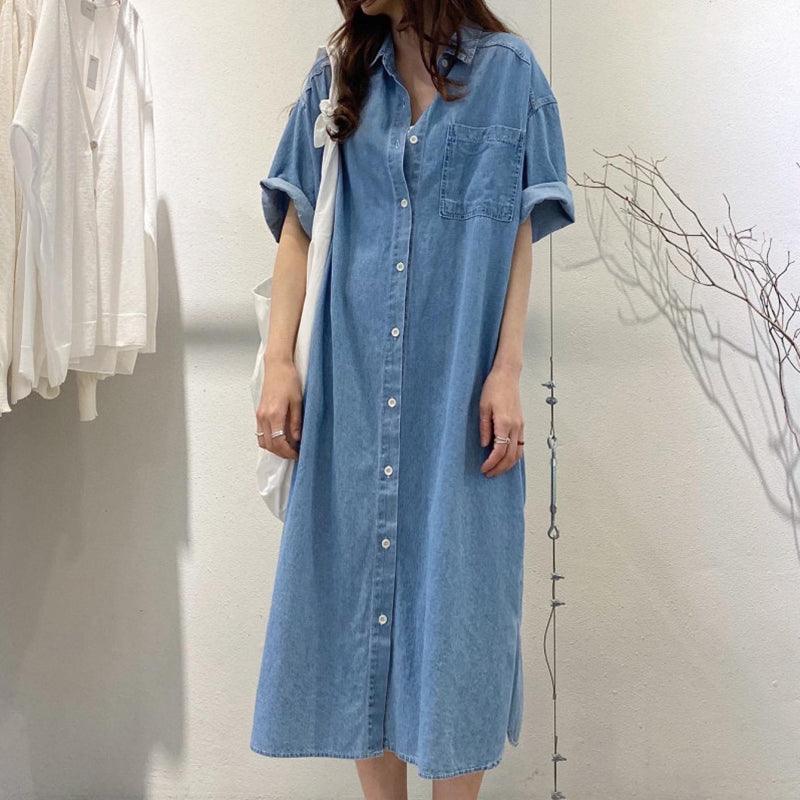 lovevop Vintage Lapel Single Breasted Casual Pocket Denim Dress