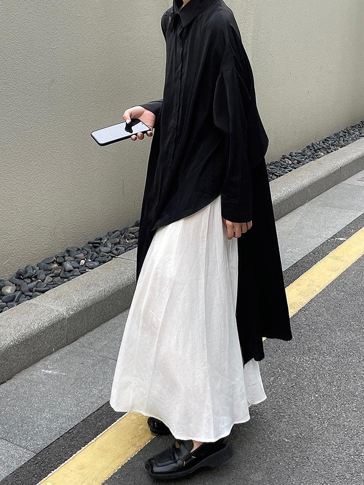 lovevop Cool Black Big Split Long Shirt & White Skirt Sets