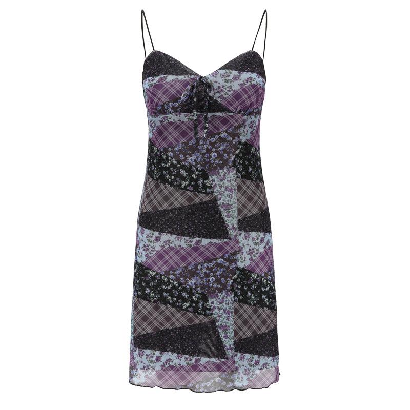 lovevop Vintage Floral Patchwork Mesh V-Neck Slip Dress