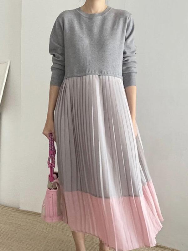 lovevop Loose Contrast Panel Pleated Long Dress
