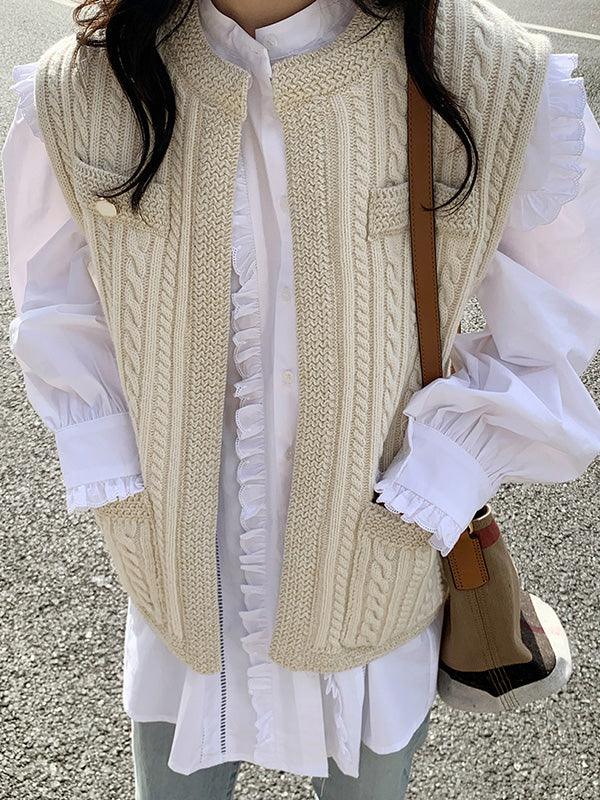 lovevop Large Lapel Lace Shirt&Linen Pattern Knitted Vest Coat