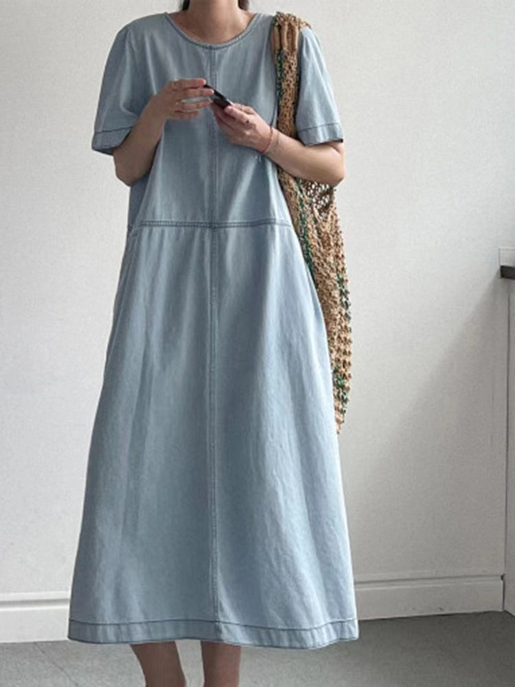 lovevop Simple Solid Color Casual Classic Denim Dress