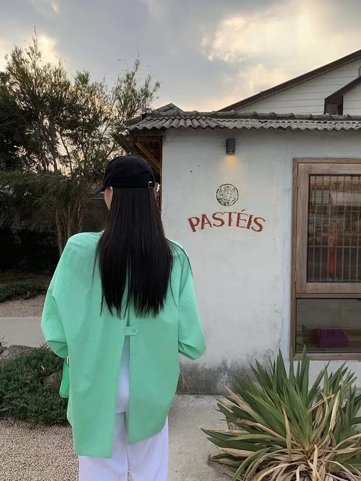 lovevop Lapel Single Breasted Back Slit Long Sleeve Shirt