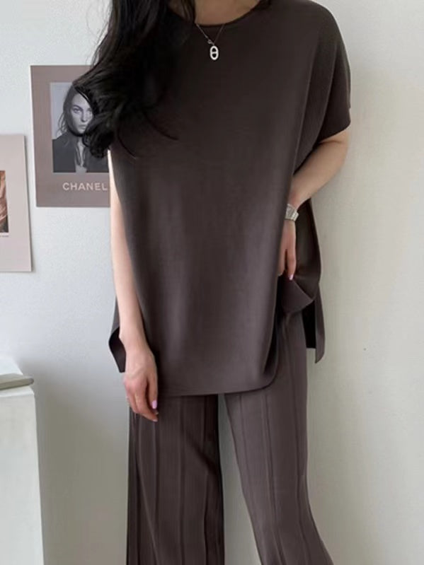 lovevop Round-Neck Knitting Shirt& Pleated Wide-Leg Pants Suit