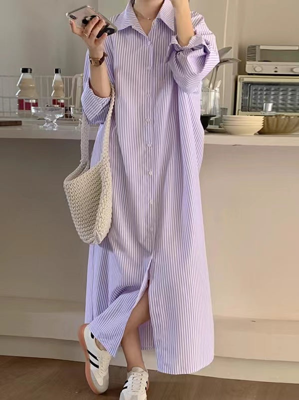 lovevop Simple Stripe Lapel Collar Long Shirt Dress