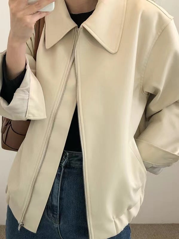 lovevop Lapel Zipper Loose Leather Biker Jacket
