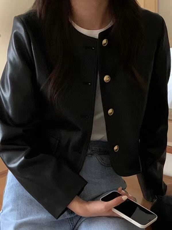lovevop Round Neck Metallic Single-Breasted Leather Jacket