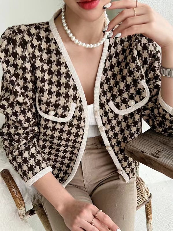 lovevop V-neck Contrasting Houndstooth Loose Coat