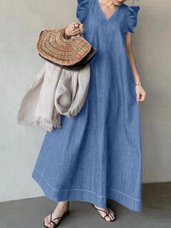 lovevop Fly-sleeve Denim Tie Back V-Neck Long Dress