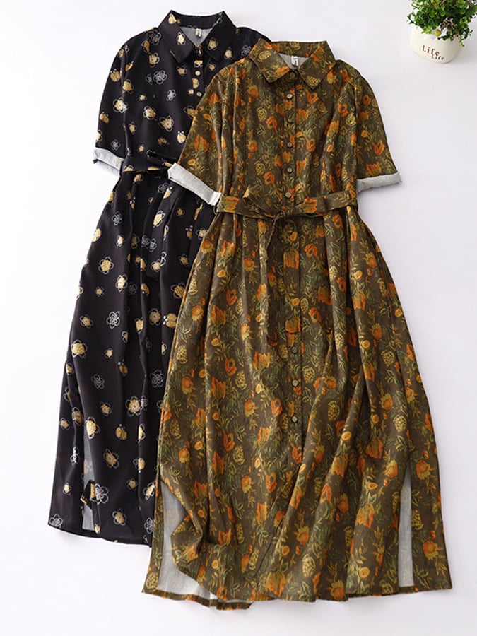 Lovevop Lace Up Lapel Waistband Slimming Print Cotton Linen Dress