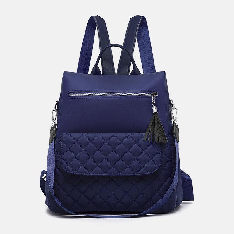 lovevop Women Multi-carry Oxford Diamond Pattern Anti-theft Waterproof Tassel Casual Backpack