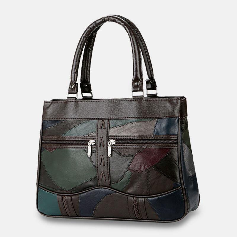 lovevop Women Patchwork Genuine Leather Tote Bags Large Capacity Handbags Bohemian Vintage Crossbody Bags