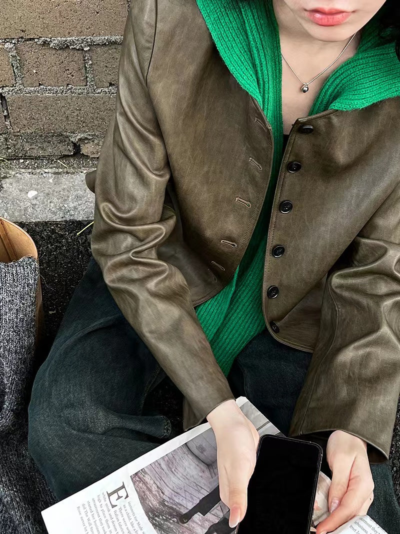 lovevop Retro Round Neck PU Short Jacket