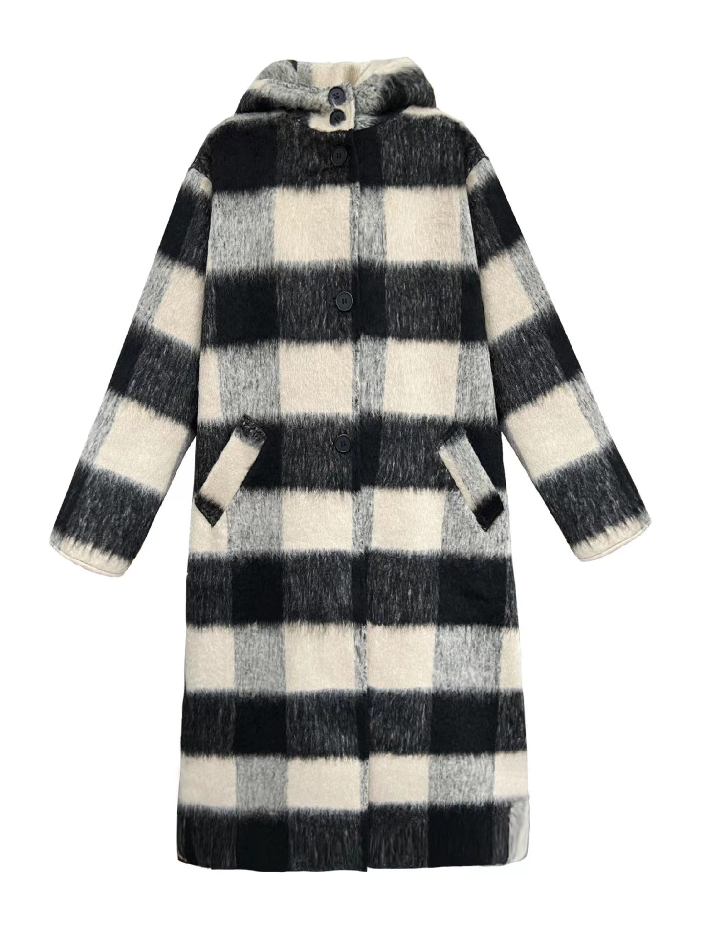 lovevop Plaid Wool Hooded Long Wool Coat