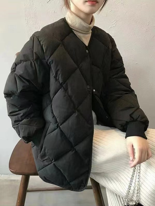 lovevop Short Diamond Plaid Loose Padded Jacket