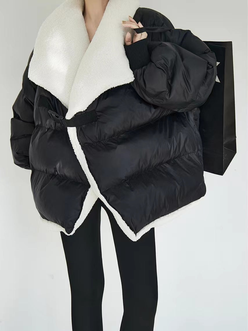 lovevop Large Lamb Wool Lapel Thickened Black Cotton Paded Coat