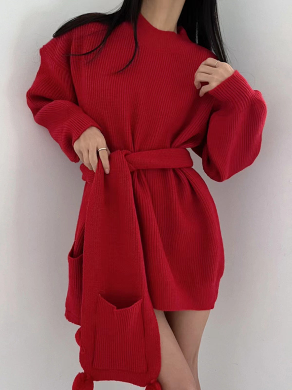 lovevop Christmas Red Loose Scarf Sweater Dress
