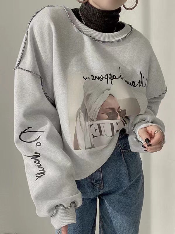 lovevop Retro Graphic Letter Print Pullover Sweatshirt