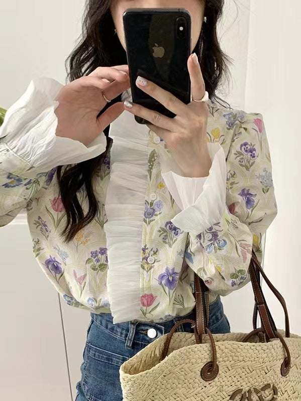lovevop Floral Print Ruffle Split-joint Blouse