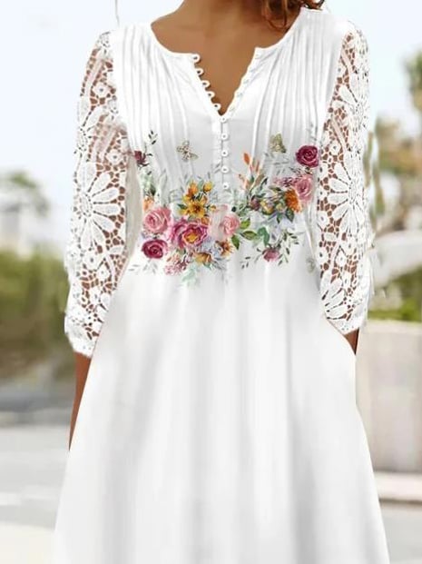 Lace Cutout Long Sleeve Half Open Neck Pleated Dress