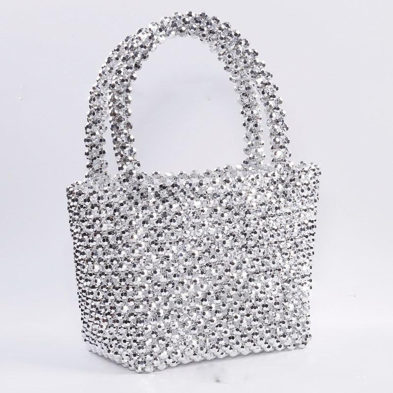 lovevop Simple Women's Silver Beaded Tote Basket Bag