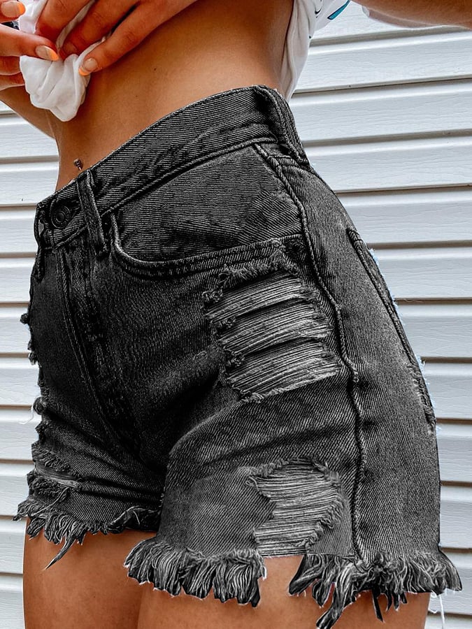 Skull Hand Heart Print Hip Sexy Denim Shorts
