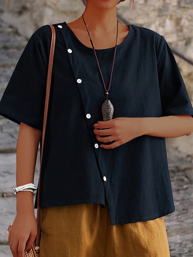 Lovevop Cotton Linen Short-Sleeved Button Irregular Shirt