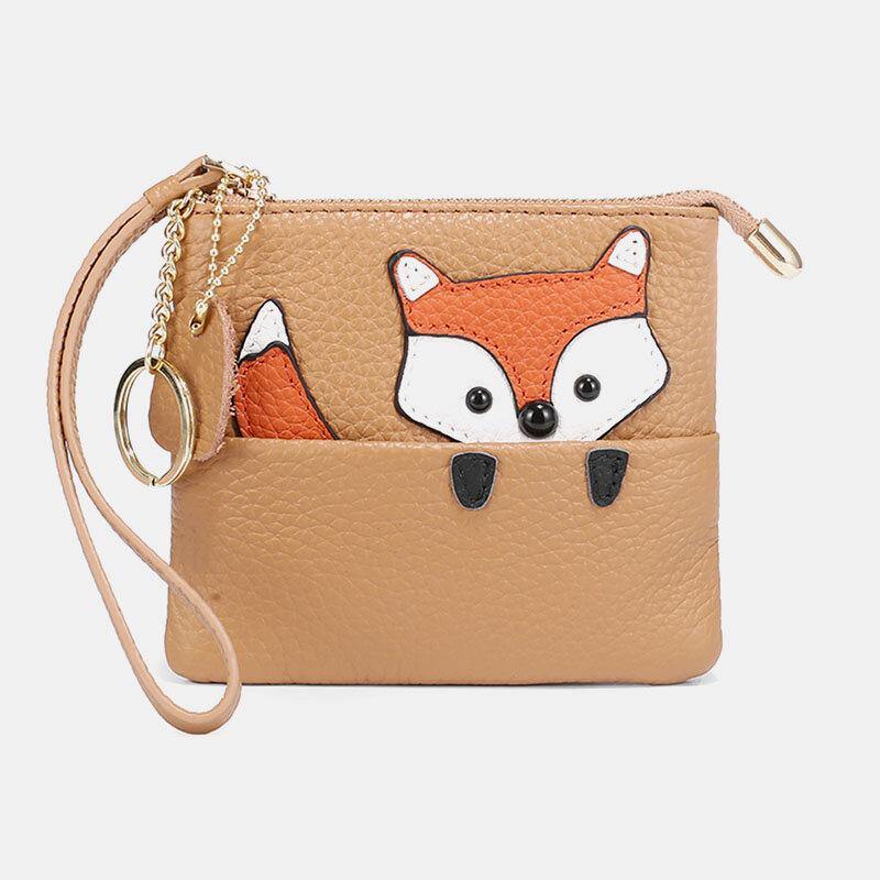 elvesmall Women Genuine Leather Casual Cute Outdoor Cartoon Animal Fox Pattern Small Coin Bag Wallet