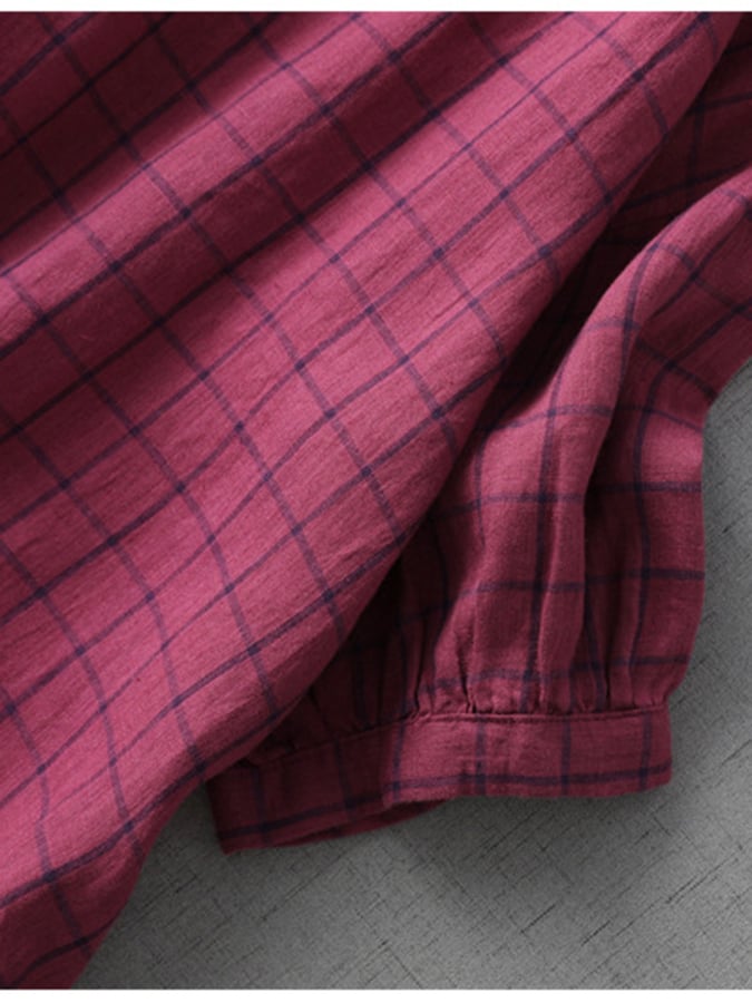 Lovevop Cotton And Linen Plaid Loose Standing Neck 3/4 Sleeve Dress